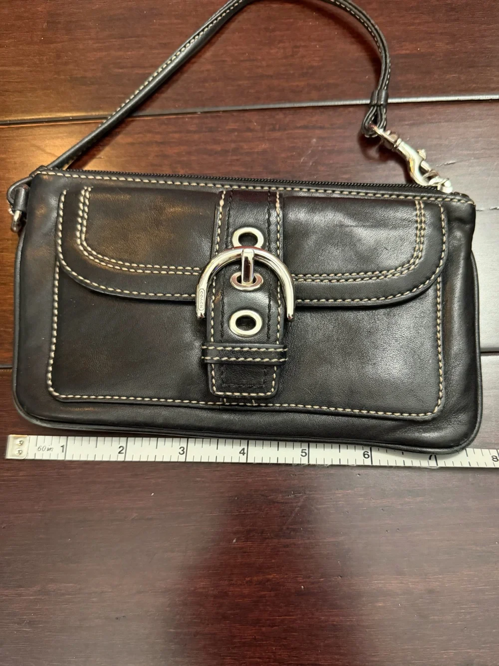 Coach Black Leather Wristlet with Silver Buckle Accent